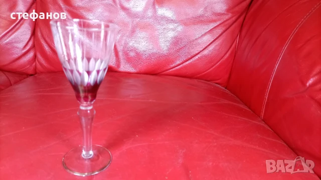 Ретро ракиен комплект, калиево стъкло, ръчна гравюра, златен кант, цветно, 6 чаши и бутилка с тапа, снимка 10 - Антикварни и старинни предмети - 51138316