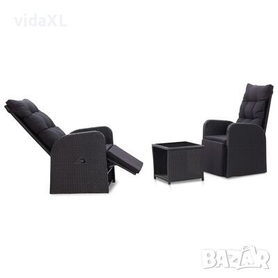 vidaXL Бистро комплект, 3 части, с възглавници, полиратан, черен