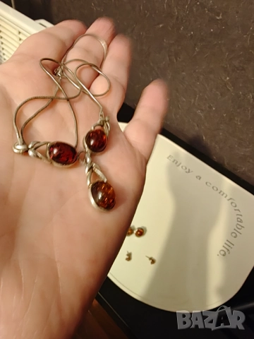 Ретро френско колие сребро с естествен кехлибар 