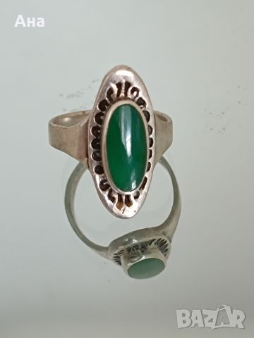 Красив сребърен пръстен с естествен елипса  зелен камък , снимка 4 - Пръстени - 46246306