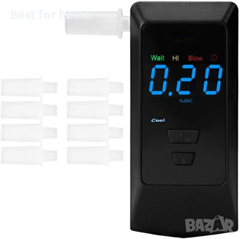 Професионален дрегер за алкохол (Breathalyzer) – Нанотехнологичен сензор, USB зареждане и 8 накрайни
