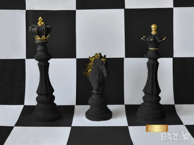 Черна Шахматна Фигура Цар / Статуетка Изработена от Смола / Черна със Златни Акценти 39 x 12 см., снимка 6 - Статуетки - 52411634