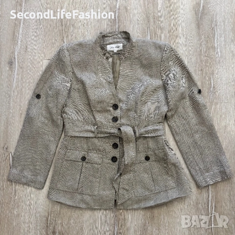 Дамско сако Calvin Klein блейзър ленен сив с колан и дълъг ръкав 