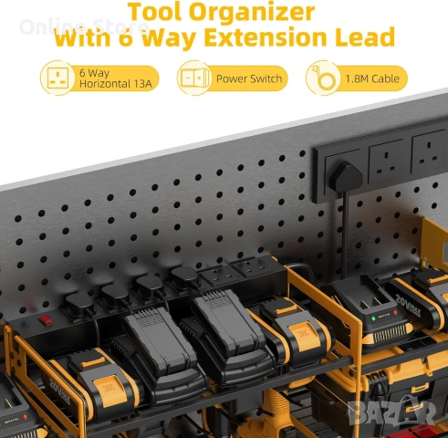 Стенен органайзер за електроинструменти с разклонител 6 гнезда и 8 държача, снимка 3 - Други стоки за дома - 54176385
