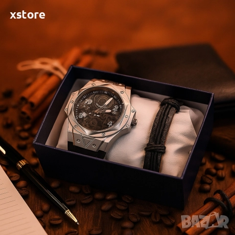 Мъжки подаръчен комплект – стилен часовник и черна гривна, снимка 3 - Мъжки - 52790983