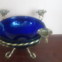 Купа синьо стъкло, свещник., снимка 2 - Антикварни и старинни предмети - 44976277