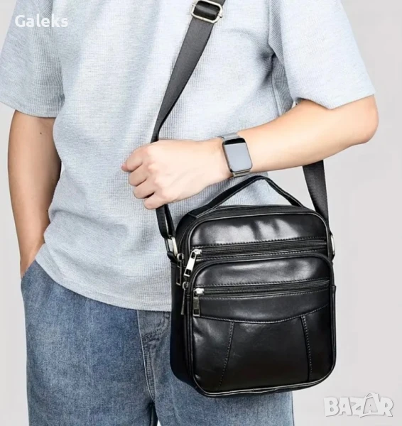 Изискана мъжка бутикова чанта за през рамо /Черна и кафява естествена кожа!, снимка 1