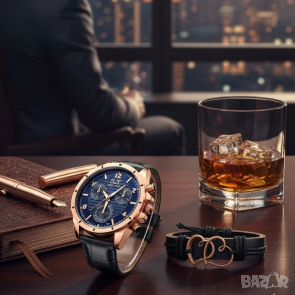 Мъжки часовник S&T Seek Time с кожена гривна – подаръчен комплект, снимка 1