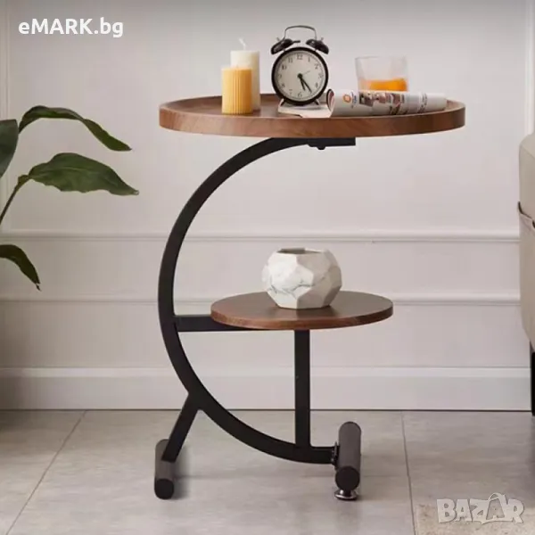 Помощна маса на 2 нива в цвят черно и тъмен орех с метални крака и дървен плот, снимка 1