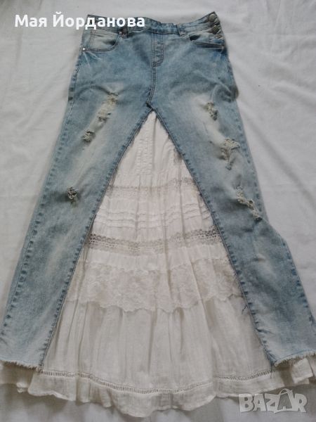 Дънкова дълга пола ,комбинирана с ефирна бяла пола, Бохо стил.Номер М., снимка 1