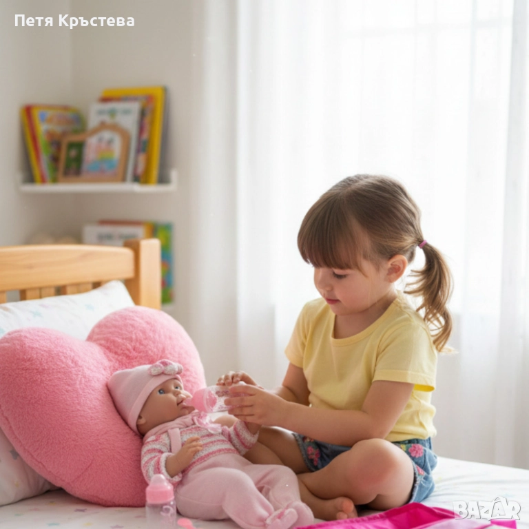 Кукла бебе с пълен комплект – Шише, пижама, легълце и аксесоари - 42 см - НА БЪЛГАРСКИ, снимка 1