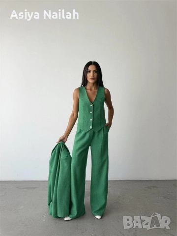 Дамски зелен костюм от 3 части – сако, елек и широк панталон, снимка 2 - Костюми - 52792782