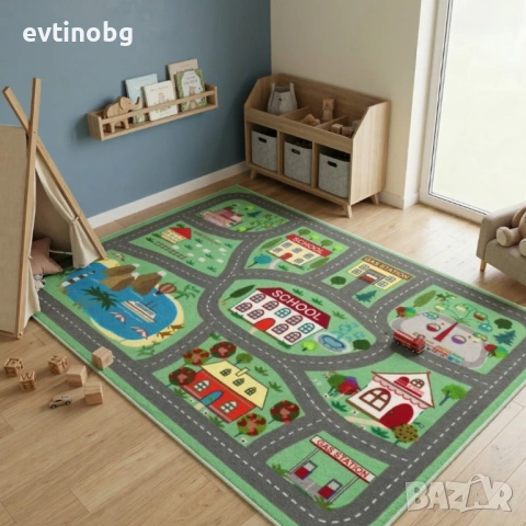 Детски килим "Моят Град" 120х160см – Зелен с Училище, Парк и Пътища, Противоплъзгащ и Миещ се, снимка 5 - Други - 53881689