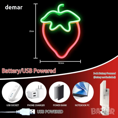 WIOSOUL LED Неонова табела с форма на ягода, 18,5x25 см, батерии или USB, снимка 3 - Лед осветление - 51189124