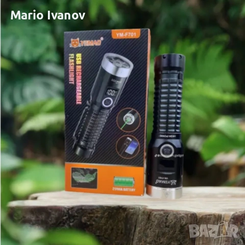 LED фенер YEMAO YM-F701 със зелен лазер - USB и дисплей, снимка 2 - Друга електроника - 53379146