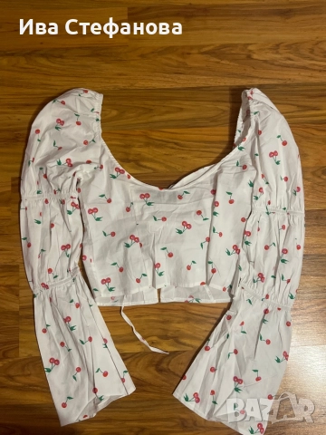 Уникален кукленски топ буфан ръкав бюстие памук ,памучно елегантно бяло с черешки череши, снимка 6 - Рокли - 41318024