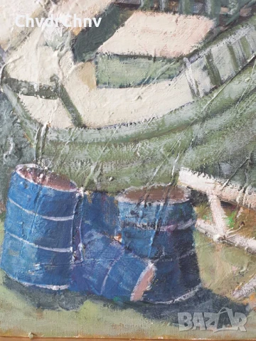 69х58см/стара картина масло върху платно/морски пейзаж/рибарски лодки/1972/дървена рамка, снимка 6 - Картини - 51218251