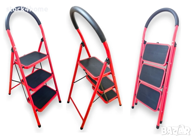 Метална стълба, Сгъваема, 3 широки стъпала, Максимално поддържано тегло 150 кг, Червен/Черен, снимка 4 - Железария - 52960893