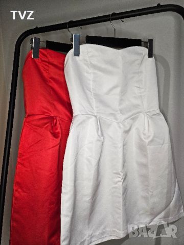 Рокля в бял и червен цвят без презрамки, снимка 1 - Рокли - 45672047