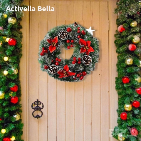 Коледен венец за декорация с шишарки и изкусветни коледни звезди, Външен диаметър: Ф30 см. ? Блясък , снимка 4 - Декорация за дома - 52562511