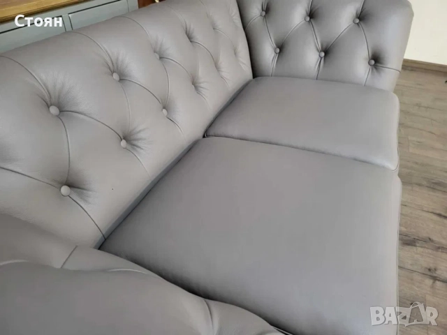 Сив кожен диван двойка тип Честърфийлд, снимка 6 - Дивани и мека мебел - 52825931
