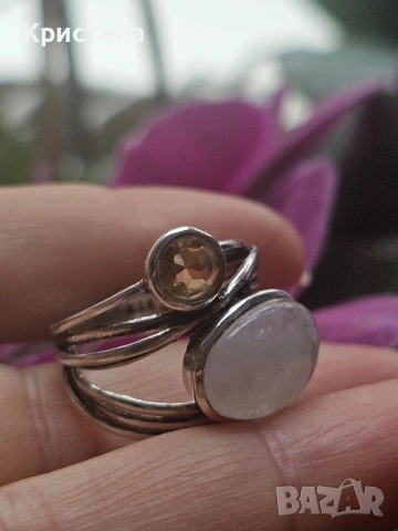 Сребърен пръстен с Цитрин и Лунен камък, снимка 3 - Пръстени - 54015838