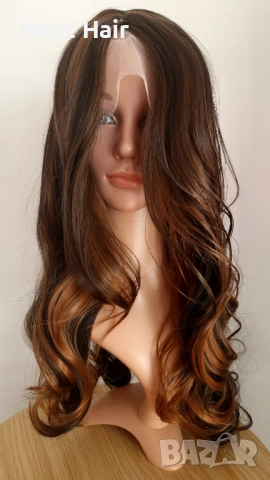 Парти тъмно кафява синтетична перука с руси кичури, на път, 65 см, снимка 4 - Аксесоари за коса - 52813656