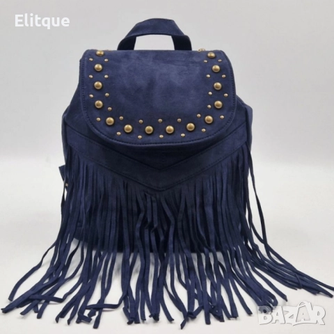 Велурена дамска раница с ресни и метални нитове – бохо стил и практичност, снимка 18 - Чанти - 52459500