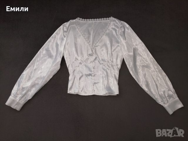 Дамска сатетена вталена риза с дълги буфан ръкави р-р S-M, снимка 4 - Ризи - 45478268