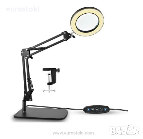 Настолна лупа с осветление STRBDYI, 10X увеличение, лупа с LED светлина, регулируемо рамо, с основа 