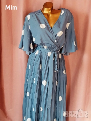 3XL Синя,дълга рокля солей на бели точки, снимка 5 - Рокли - 53741809