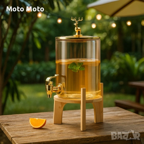 Голям диспенсър за напитки 8L с дървена стойка и златист кран, снимка 2 - Други стоки за дома - 53839369