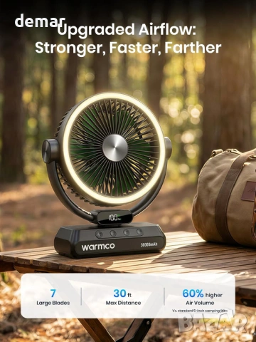 Warmco 30000mAh 30W преносим настолен вентилатор с LED светлина, черен, снимка 5 - Други стоки за дома - 53647204