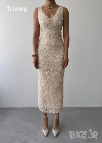 Елегантна дълга рокля,3D цветя, нежно екрю, снимка 6 - Рокли - 50614853