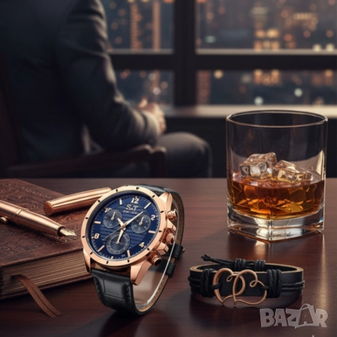 Мъжки часовник S&T Seek Time с кожена гривна – подаръчен комплект