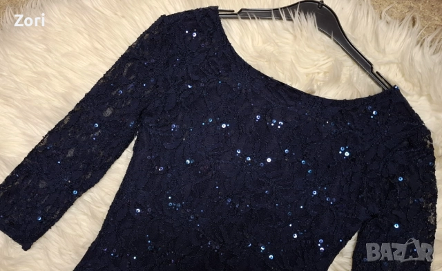 Блестяща тъмносиня дантелена рокля с пайети, снимка 4 - Рокли - 52583943