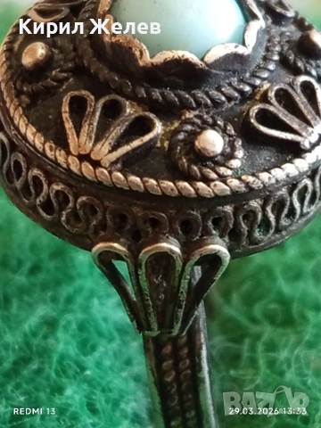 Възрожденски сребърен тюркоазен филигранен пръстен сачан ръчна изработка 51776, снимка 4 - Пръстени - 54014014
