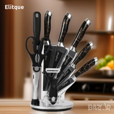 Комплект уреди за рязане Cheffinger – 9 части с мраморно покритие, стойка, точило и белачка, снимка 3 - Други - 53427222