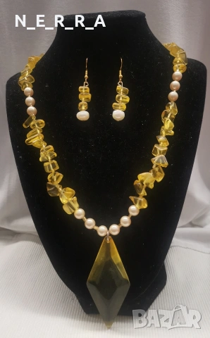 Комплект колие и обици от цитрин и перли