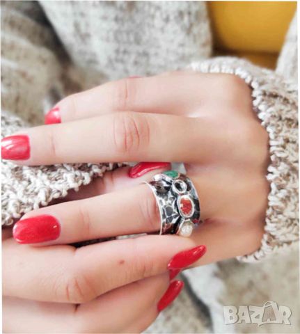 Сребърен пръстен с подвижна въртяща халка с камъни и перла, уникален бутиков дамски пръстен, снимка 1 - Пръстени - 46017791