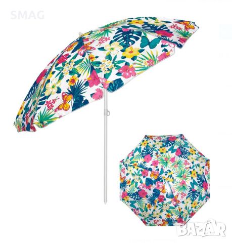 Плажен чадър цветни тропически цветя метална рамка UV30 Ø2m, снимка 1 - Други - 46302955