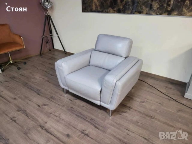 Сив кожен фотьойл с електрически релаксиращ механизъм, снимка 4 - Дивани и мека мебел - 52010545