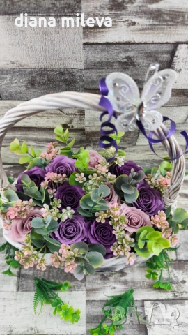 Кошница в лилаво с рози от пластичен сапун!!, снимка 9 - Декорация за дома - 53653950