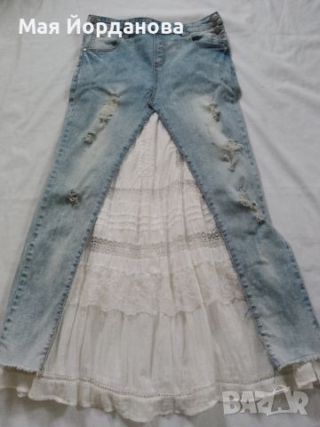 Дънкова дълга пола ,комбинирана с ефирна бяла пола, Бохо стил.Номер М., снимка 1 - Поли - 45568357
