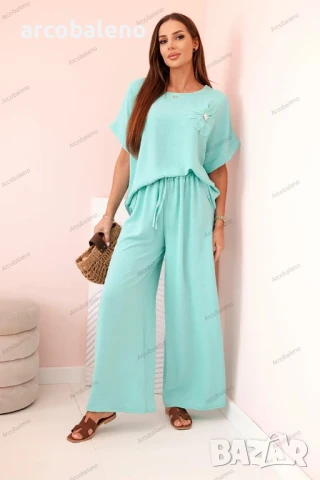 Дамски комплект от две части от вискоза с декоративно цвете и широки панталони, 14цвята , снимка 10 - Комплекти - 50508774