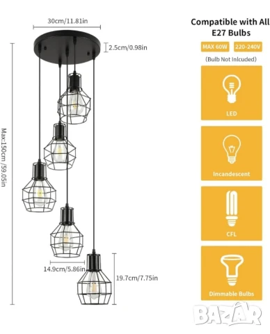 ПРОМО ! FORCOSO Дизайнерска висяща лампа с 5 осветителни тела !, снимка 2 - Лампи за таван - 51247980