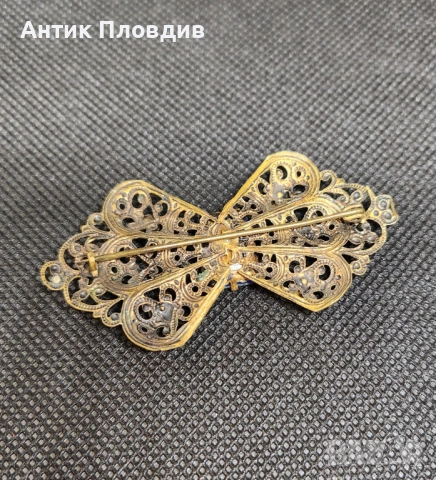 Старинна филигран брошка със син кристал – винтидж бижу, снимка 4 - Други - 53719032