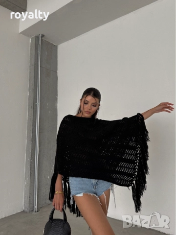 Черно Стилно Дамско Пончо, снимка 2 - Блузи с дълъг ръкав и пуловери - 52216281