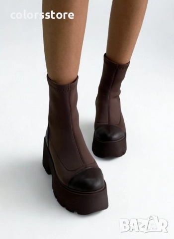 Боти на платформа - кафяв неопрен и кожа - LT50 , снимка 2 - Дамски боти - 51846966