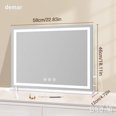 halumao Холивудско огледало за тоалетка/стена с осветление, с USB портове, 58 x 48 см, снимка 6 - Огледала - 50779825